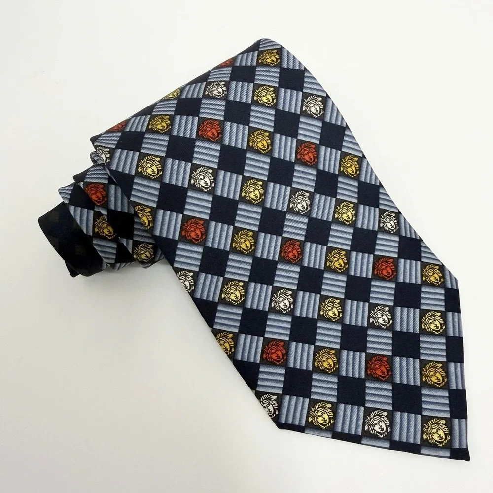 Versace Men's Tie Medusas Checkered Navy Silk Japan 3.75